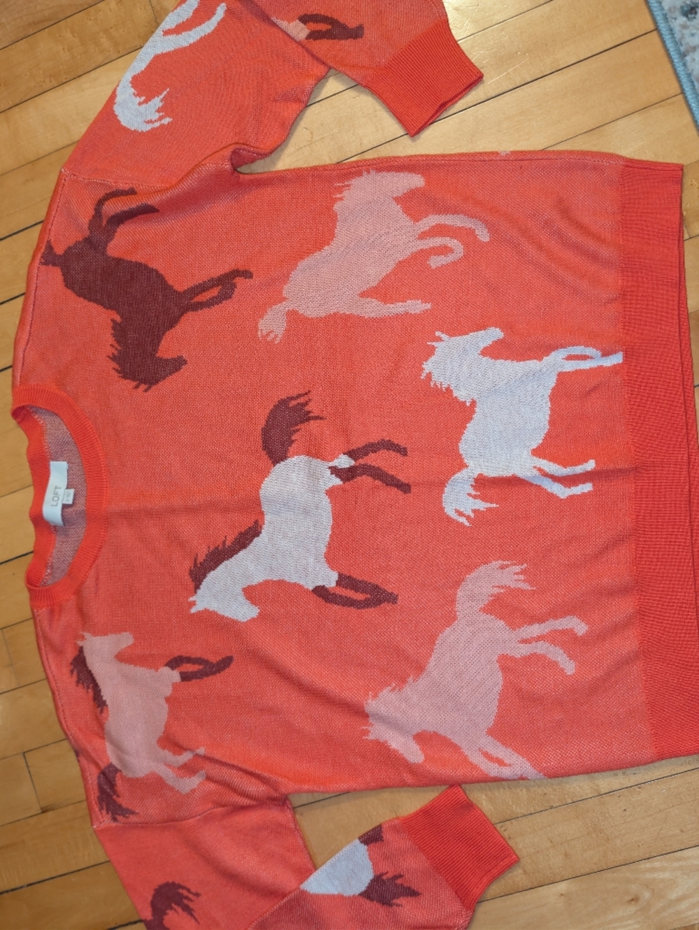 LOFT Women's Coral Horse-Print Crewneck Sweater Bohemian Western Cozy